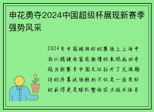 申花勇夺2024中国超级杯展现新赛季强势风采 申花勇夺2024中国超级杯展现新赛季强势风采