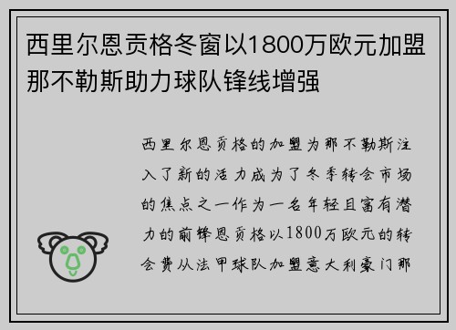 西里尔恩贡格冬窗以1800万欧元加盟那不勒斯助力球队锋线增强